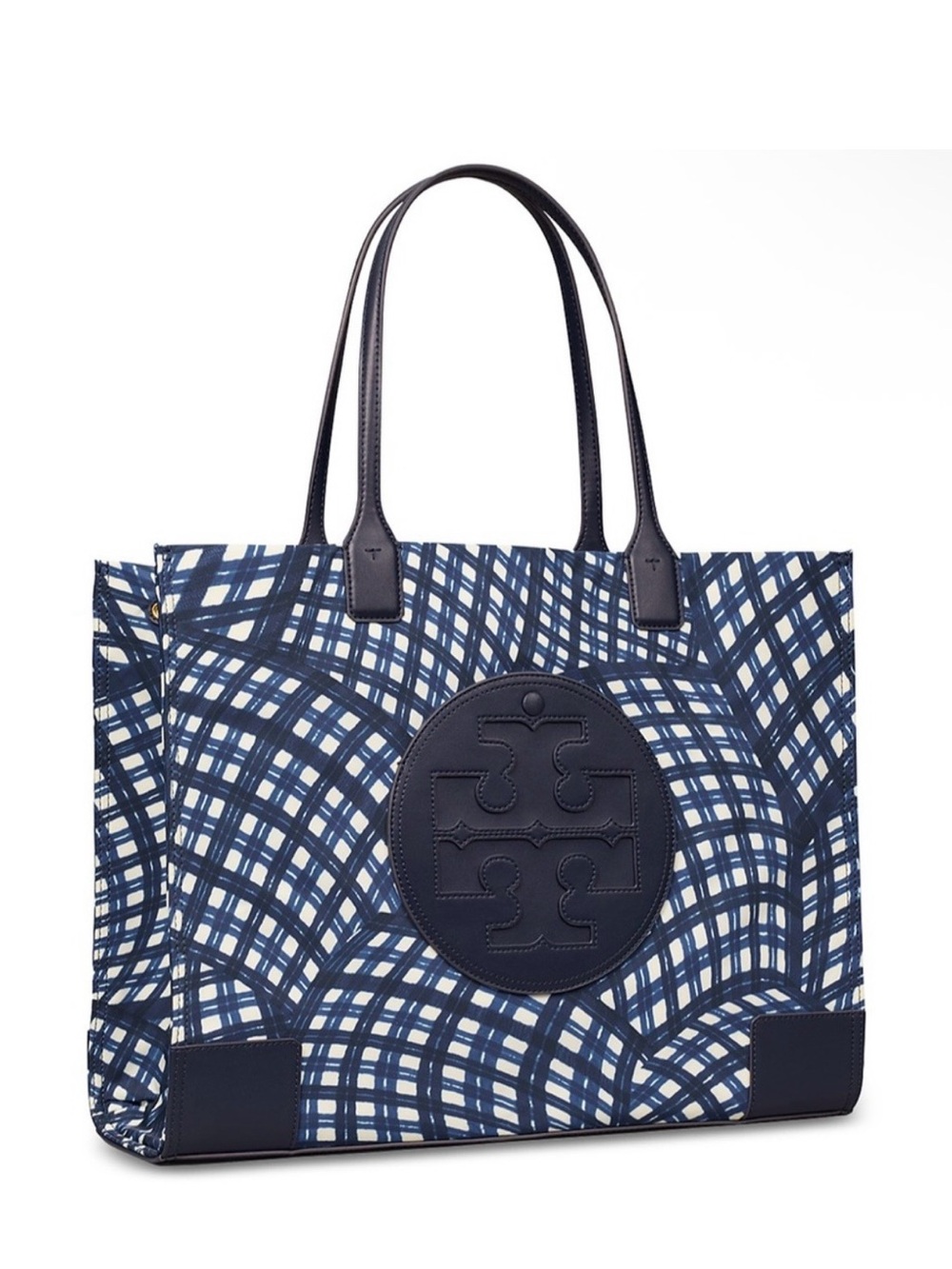 Tory Burch Navy and White Graphic Canvas Tote with Logo Patch